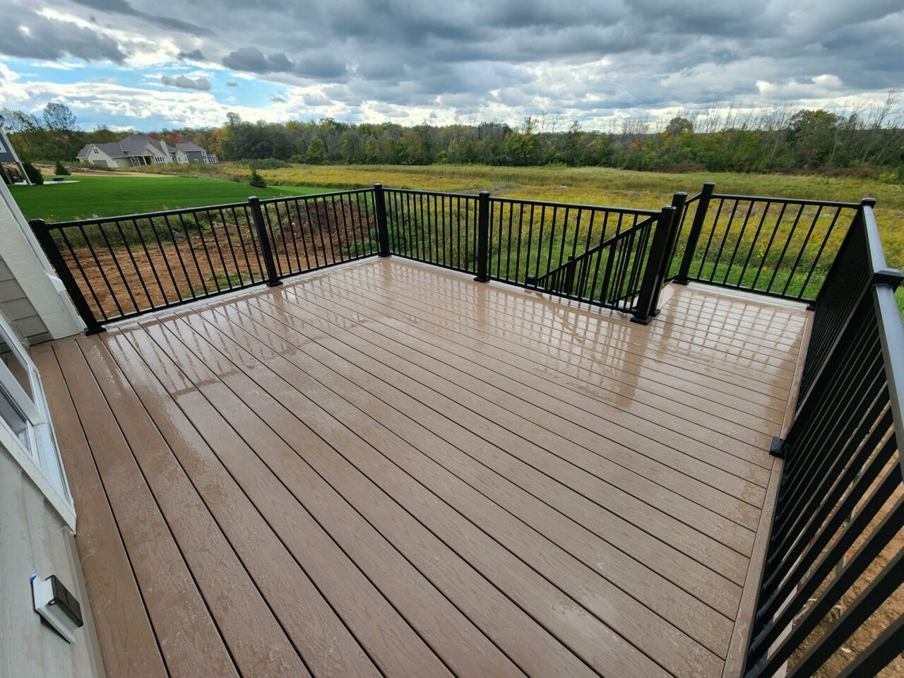 Photo of Wood-Like Composite Decking with Black Metal Railing