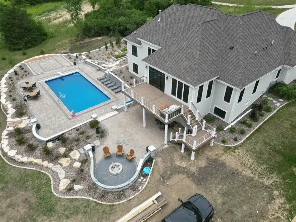 aerial-shot-of-elevated-deck-w-fire-pit - Preparing Your Deck for Spring During Winter Construction