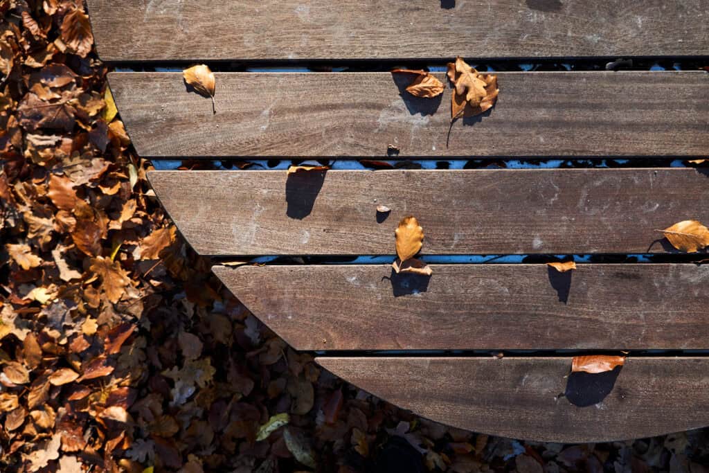 top view of a round wooden bench in a park covered in dried leaves in autumn