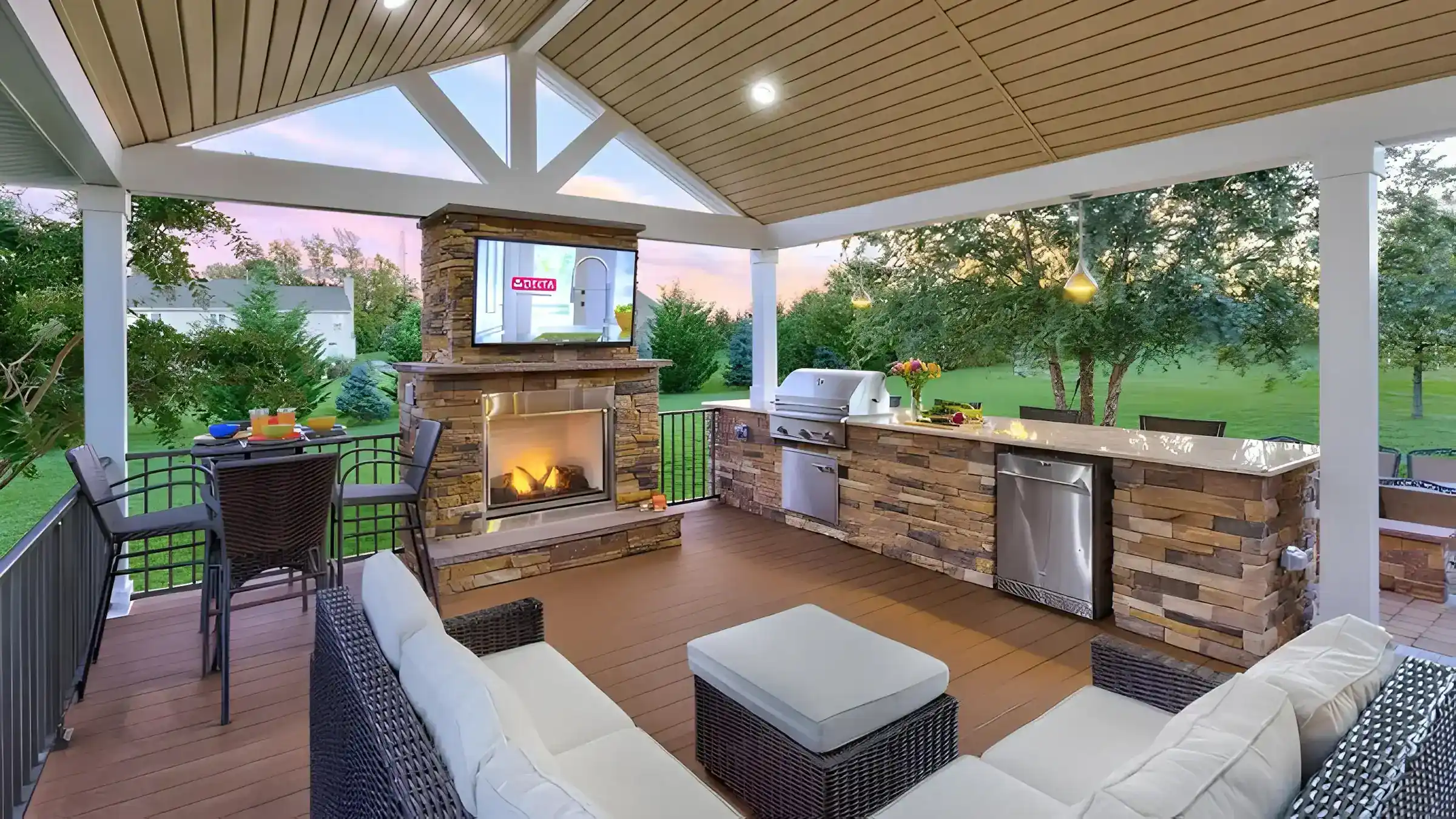 Outdoor living spaces with kitchen and fireplace with tv on the wall featuring nature view in slinger wi