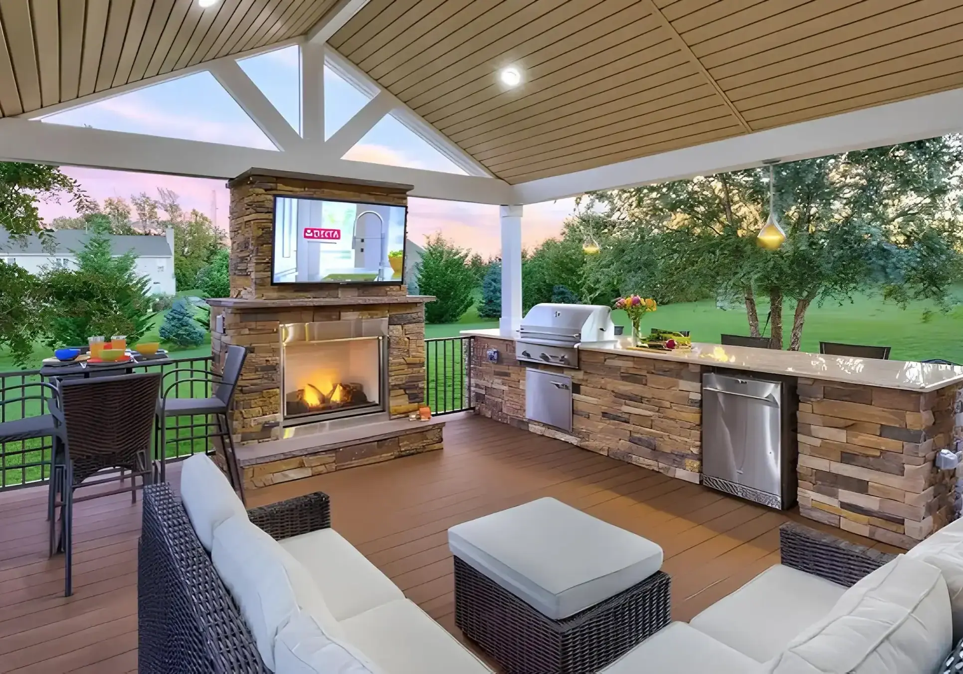 outdoor living with a fireplacde