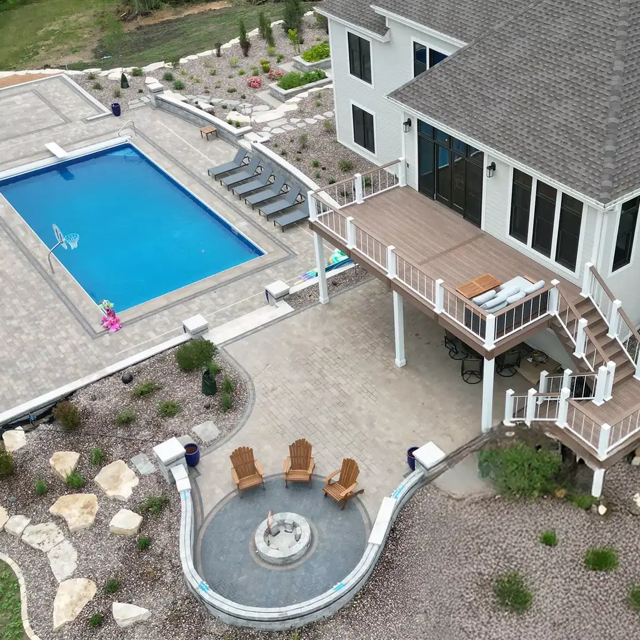 Aerial shot of elevated deck w fire pit 2