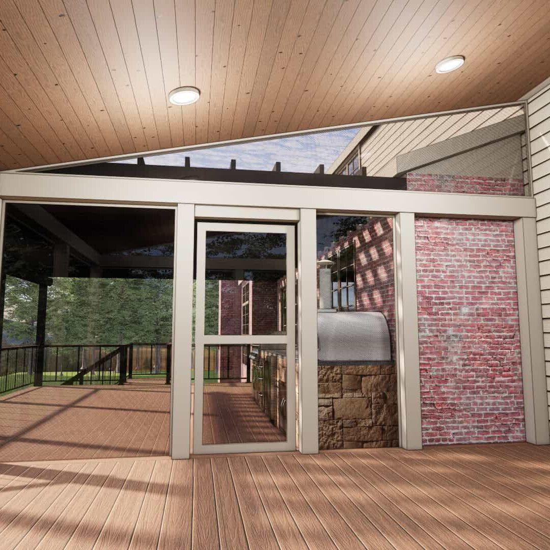 Interior of the screened in porch with outdoor kitchen on the outside and deck design by the hometown builders unlimited in slinger wi